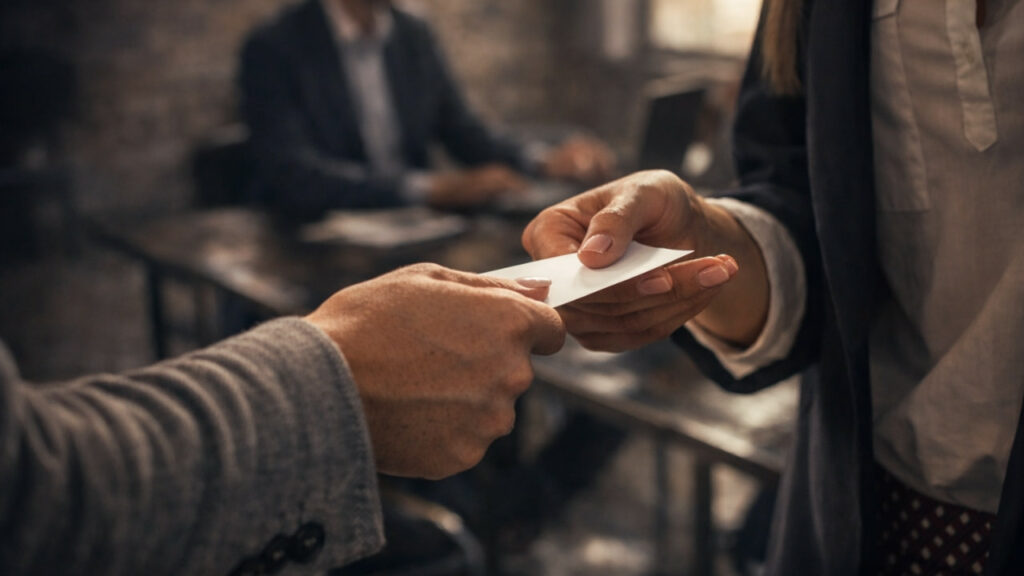 Pessoa entregando um cartão de visita durante uma reunião de negócios.